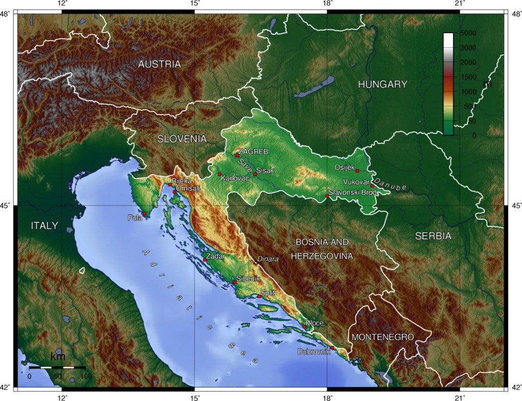 Topographical map of Croatia by Wikipedia user Captain Blood.