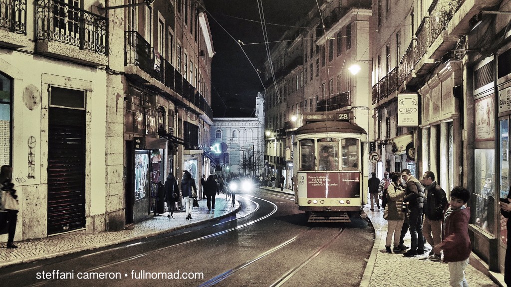 The iconic Lisbon trolley by night in the Bairro Alto 'hood.
