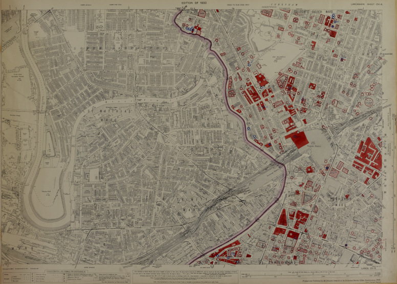 Areas destroyed by bombs on those two fateful nights are in red. Map from the University of Manchester Archives.