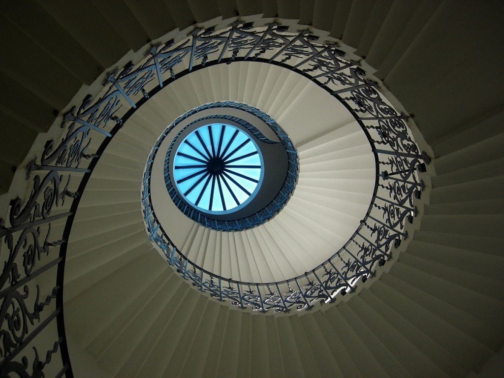 Spiral staircase and lantern at the Queen's House in Greenwich, by McGinnly and shared from Wikipedia.
