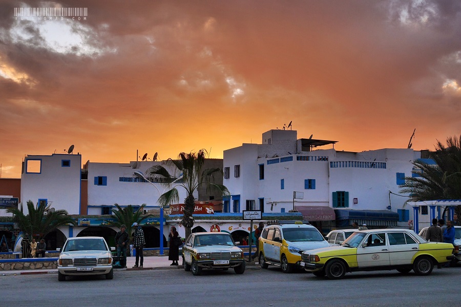 Sundown over the Taghazout town square, where soccer gets played nightly.