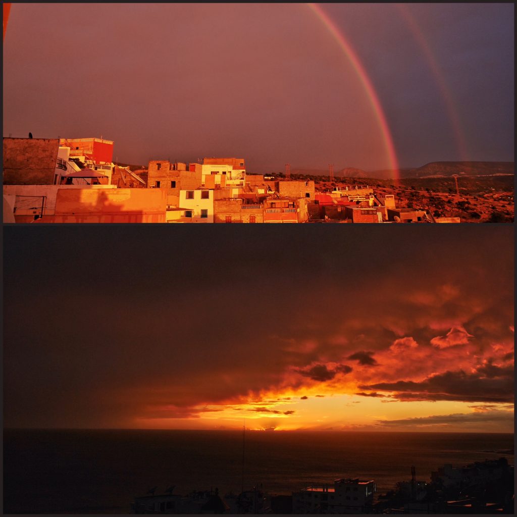 This was the weather yesterday. Incredible sunset with skies only JUST parting after a torrential rain, and a double rainbow opposite. Yes, it really was this red/gold. It was just... wow.